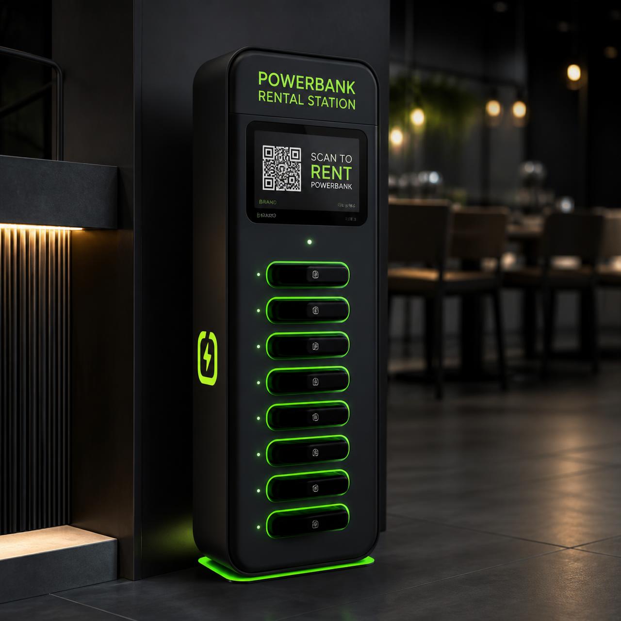 PlugNGo Verleihstation mit geladenen Powerbanks in einem modernen Lokal